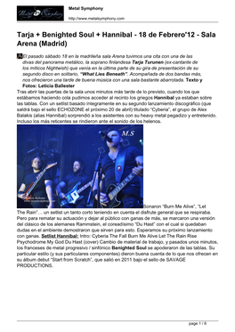 Tarja + Benighted Soul + Hannibal - 18 De Febrero'12 - Sala Arena (Madrid)