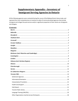 Supplementary Appendix – Inventory of Immigrant Serving Agencies in Ontario