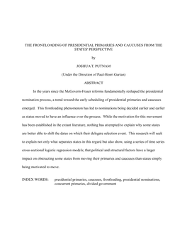 The Frontloading of Presidential Primaries and Caucuses from the States' Perspective