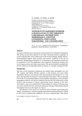 Sempervivum Marmoreum Griseb. (Crassulaceae) in the Ukrainian Carpathians: Distribution, Morphology, Coenotic Conditions, Population Parameters, and Conservation