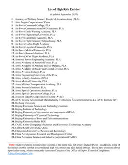 List of High Risk Entities1 (Updated September 2020) 1