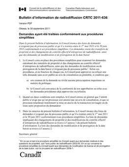 Bulletin D'information De Radiodiffusion CRTC 2011-636