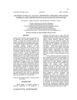 Orthoptera: Gryllidae) and Natural Enemies in a Rice Agroecosystem As Influenced by Weed Species