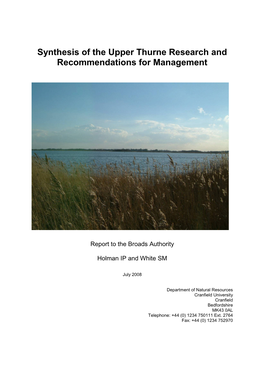 Synthesis of the Upper Thurne Research and Recommendations for Management
