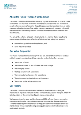 About the Public Transport Ombudsman Our Value Proposition Our History