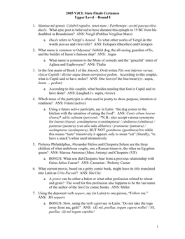 2005 VJCL State Finals Certamen Upper Level – Round I