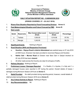 Government of Pakistan Ministry of Climate Change National Disaster Management Authority (Prime Minister’S Office) Islamabad