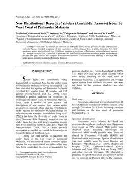 New Distributional Records of Spiders (Arachnida: Araneae) from the West Coast of Peninsular Malaysia