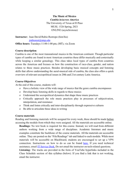 1 the Music of Mexico Cumbia In/Across America the University of Texas at El Paso MUSL 1326 Spring, 2021 ONLINE (Asynchronous) I