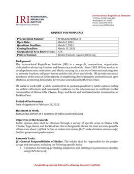 REQUEST for PROPOSALS Procurement Number: Africa2021reg01o Open Date: March 2, 2021 Questions Deadline: March 7, 2021 Closing