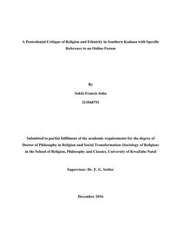 A Postcolonial Critique of Religion and Ethnicity in Southern Kaduna with Specific Reference to an Online Forum