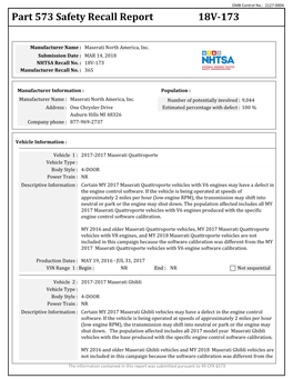 Part 573 Safety Recall Report 18V-173