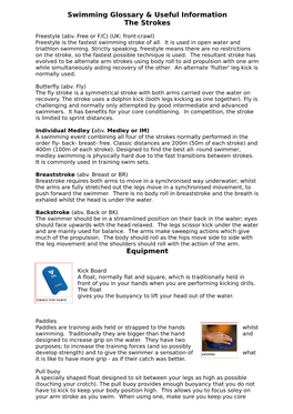 Swimming Glossary & Useful Information the Strokes Equipment