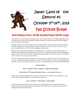 Fall School Break 8Nts/10Days From: $3195 Double/Triple $3795 Single
