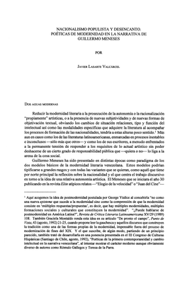 Nacionalismo Populista Y Desencanto. Poeticas De Modernidad En La Narrativa De Guillermo Meneses