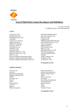 List of Third Party Game Developers and Publishers