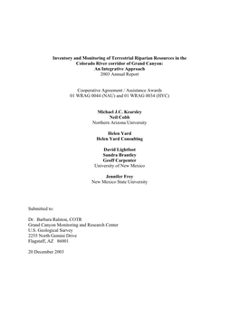 Inventory and Monitoring of Terrestrial Riparian Resources in the Colorado River Corridor of Grand Canyon: an Integrative Approach 2003 Annual Report