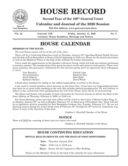 HOUSE RECORD Second Year of the 166Th General Court Calendar and Journal of the 2020 Session State of New Hampshire Web Site Address