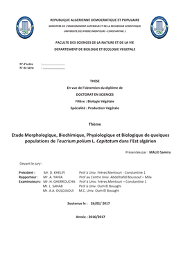 Etude Morphologique, Biochimique, Physiologique Et Biologique De Quelques Populations De Teucrium Polium L