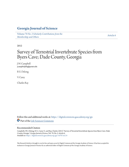 Survey of Terrestrial Invertebrate Species from Byers Cave; Dade County, Georgia J W