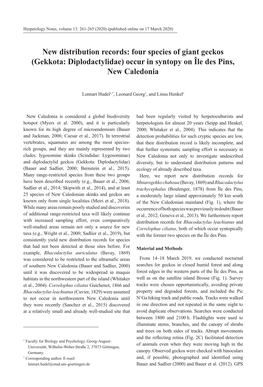 New Distribution Records: Four Species of Giant Geckos (Gekkota: Diplodactylidae) Occur in Syntopy on Île Des Pins, New Caledonia