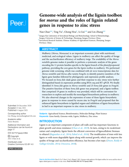 Genome-Wide Analysis of the Lignin Toolbox for Morus and the Roles of Lignin Related Genes in Response to Zinc Stress