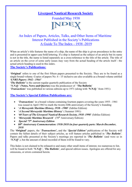 Liverpool Nautical Research Society Founded May 1938 an Index Of