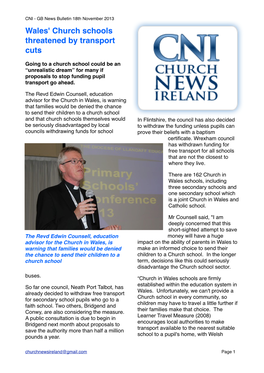 CNI - GB News Bulletin 18Th November 2013 Wales' Church Schools Threatened by Transport Cuts