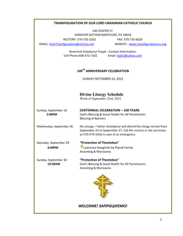 Divine Liturgy Schedule WELCOME!