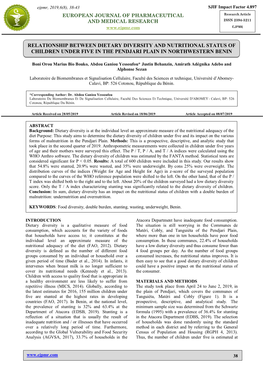 Relationship Between Dietary Diversity and Nutritional Status of Children Under Five in the Pendjari Plain in Northwestern Benin