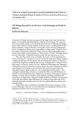 Tom Stannage and Faith in History Katharine Massam