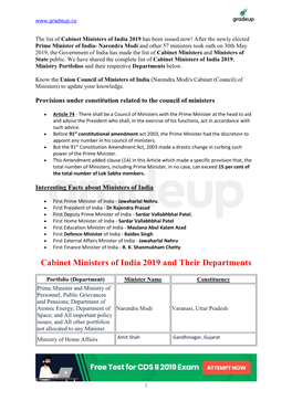 Cabinet Ministers of India 2019 and Their Departments