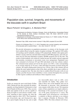 Population Size, Survival, Longevity, and Movements of the Biscutate Swift in Southern Brazil