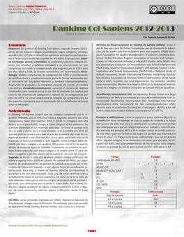 Ranking Col-Sapiens 2012-2013 Reporte 2: Clasificación De Los Mejores Colegios Colombianos Según Categoría, Calidad Y Acreditación Por Sapiens Research Group