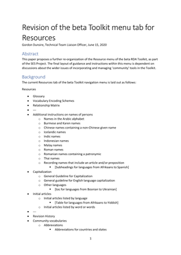 Revision of the Beta Toolkit Menu Tab for Resources Gordon Dunsire, Technical Team Liaison Officer, June 15, 2020