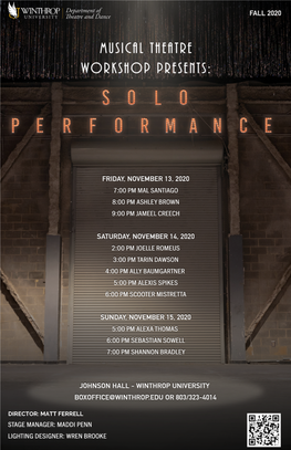 MUSICAL THEATRE WORKSHOP PRESENTS SOLO PERFORMANCE FRIDAY, NOVEMBER 13 Friday, November 13 - 7 P.M