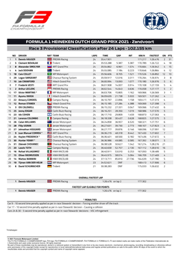 FORMULA 1 HEINEKEN DUTCH GRAND PRIX 2021 - Zandvoort Race 3 Provisional Classification After 24 Laps - 102.155 Km