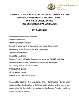Social Development Budget Speech 2015