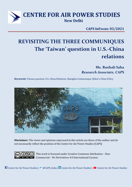 REVISITING the THREE COMMUNIQUES the ‘Taiwan’ Question in U.S.-China Relations