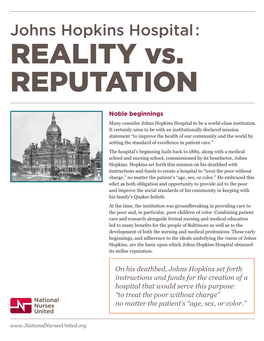 Johns Hopkins Hospital: REALITY Vs. REPUTATION