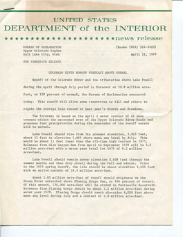 * * * * * * * * * * * * * ********News Release BUREAU of RECLAMATION (Rusho (801) 524-5403) Upper Colorado Region Salt Lake City, Utah April 11, 1978