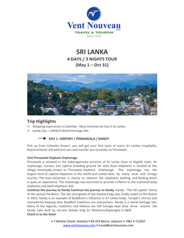 SRI LANKA 4 DAYS / 3 NIGHTS TOUR (May 1 – Oct 31)