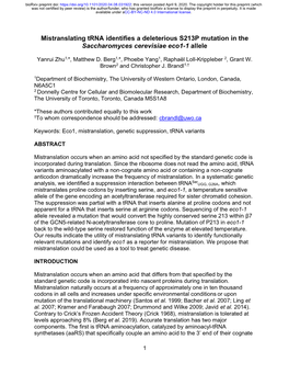 Mistranslating Trna Identifies a Deleterious S213P Mutation in the Saccharomyces Cerevisiae Eco1-1 Allele