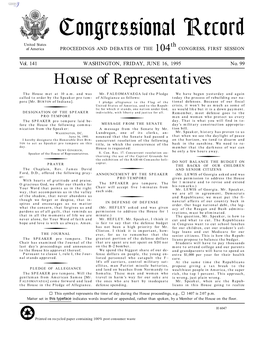 Congressional Record United States Th of America PROCEEDINGS and DEBATES of the 104 CONGRESS, FIRST SESSION