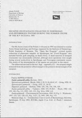 Decapod Crustaceans Collected in Norwegian and Spitsbergen Waters During the Summer Cruise of the R/V Oceania, 1995