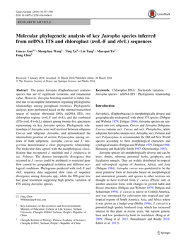 Molecular Phylogenetic Analysis of Key Jatropha Species Inferred from Nrdna ITS and Chloroplast (Trnl-F and Rbcl) Sequences