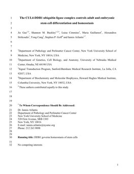 The CUL4-DDB1 Ubiquitin Ligase Complex Controls Adult and Embryonic 2 Stem Cell Differentiation and Homeostasis 3 4 Jie Gao1,5, Shannon M