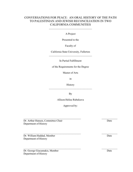 An Oral History of the Path to Palestinian and Jewish Reconciliation in Two California Communities ______