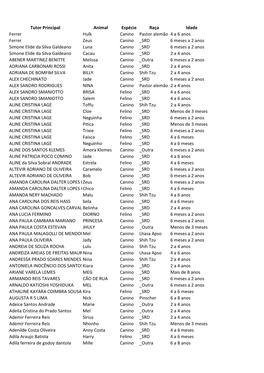 Tutor Principal Animal Espécie Raça Idade Ferrer Hulk Canino Pastor Alemão 4 a 6 Anos Ferrer Zeus Canino SRD 6 Meses a 2