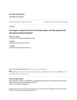 Cosmogenic Mega-Tsunami in the Australia Region: Are They Supported by Aboriginal and Maori Legends?